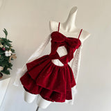 Cute Spaghetti Straps Red Ruffles Velvet Summer Dress 3 Pieces Holiday Party Outfits For Women HZ1121