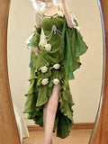 Vintage High Low Spaghetti Straps Green 16th Birthday Dress With Sleeves Lolita Dress Satin Birthday Outfits HZ1121
