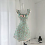 Sexy A line Square Neckline Summer Floral Green Dress Holiday Party Outfits For Women HZ1121