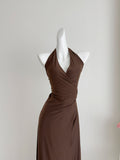 Sexy Sheath Halter Summer Brown Long Dress Holiday Party Outfits For Women HZ1121