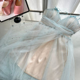 Sexy A Line Spaghetti Straps Blue Tulle Summer Dress Holiday Party Birthday Outfits For Teens HZ1121