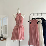 Sexy A line Halter Neckline Pink Short Chiffon Summer Dress Holiday Party Outfits For Women HZ1121