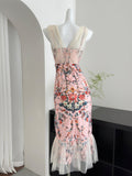 Cute Mermaid V Neckline Floral Pink Lace Long Summer Dress For Women HZ1121