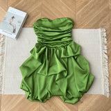 Cute A line Strapless Green Satin Short Summer Dress Holiday Party Birthday Outfits HZ1121