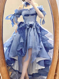 Vintage High Low Off The Shoulder Short Sleeves 16th Blue Birthday Dress Lolita Dress Birthday Outfits HZ1121