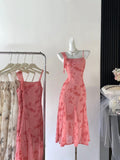 Sexy A line Spaghetti Straps Floral Long Pink Floral Dress Holiday Party Outfits For Women HZ1121