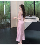 Cute A line Spaghetti Straps Pink Floral Long Satin Summer Dress For Women HZ1121