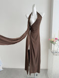 Sexy Sheath Halter Summer Brown Long Dress Holiday Party Outfits For Women HZ1121