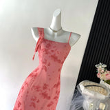 Sexy A line Spaghetti Straps Floral Long Pink Floral Dress Holiday Party Outfits For Women HZ1121