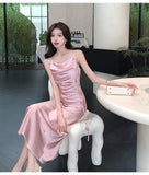 Cute A line Spaghetti Straps Pink Floral Long Satin Summer Dress For Women HZ1121