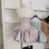 Cute Ball Gown Strapless Satin Floral Pink Short Summer Dress Holiday Party Outfits For Women HZ1121
