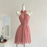 Sexy A line Halter Neckline Pink Short Chiffon Summer Dress Holiday Party Outfits For Women HZ1121
