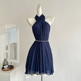 Sexy A line Halter Neckline Pink Short Chiffon Summer Dress Holiday Party Outfits For Women HZ1121