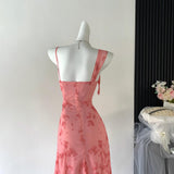 Sexy A line Spaghetti Straps Floral Long Pink Floral Dress Holiday Party Outfits For Women HZ1121