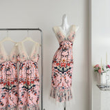 Cute Mermaid V Neckline Floral Pink Lace Long Summer Dress For Women HZ1121