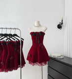 Sexy A line Strapless Summer Burgundy Velvet Dress Holiday Party Outfits For Women HZ1121