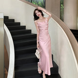 Cute A line Spaghetti Straps Pink Floral Long Satin Summer Dress For Women HZ1121