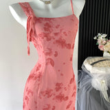 Sexy A line Spaghetti Straps Floral Long Pink Floral Dress Holiday Party Outfits For Women HZ1121