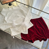 Cute Spaghetti Straps Red Ruffles Velvet Summer Dress 3 Pieces Holiday Party Outfits For Women HZ1121