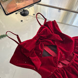 Cute Spaghetti Straps Red Ruffles Velvet Summer Dress 3 Pieces Holiday Party Outfits For Women HZ1121