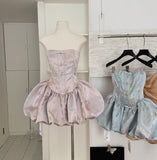 Cute Ball Gown Strapless Satin Floral Pink Short Summer Dress Holiday Party Outfits For Women HZ1121