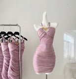 Sexy Sheath Halter Neckline Lilac Ruffles Summer Dress Holiday Party Outfits For Women HZ1121
