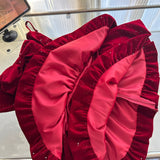 Cute Spaghetti Straps Red Ruffles Velvet Summer Dress 3 Pieces Holiday Party Outfits For Women HZ1121