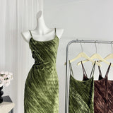 Sexy Mermaid Spaghetti Straps Velvet Green Summer Dress Holiday Party Outfits For Women HZ1121