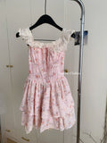 Cute Ball Gown Square Satin Floral Pink Short Summer Dress Holiday Party Outfits For Women HZ1121