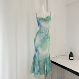 Cute Mermaid Spaghetti Straps Green Long Summer Dress For Women HZ1121