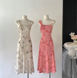 Sexy A line Spaghetti Straps Floral Long Pink Floral Dress Holiday Party Outfits For Women HZ1121