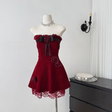 Sexy A line Strapless Summer Burgundy Velvet Dress Holiday Party Outfits For Women HZ1121