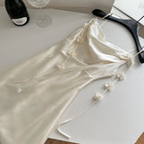 Cute A line Spaghetti Straps Champagne Floral Long Satin Summer Dress For Women HZ1121