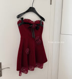 Sexy A line Strapless Summer Burgundy Velvet Dress Holiday Party Outfits For Women HZ1121