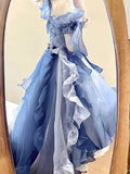 Vintage High Low Off The Shoulder Short Sleeves 16th Blue Birthday Dress Lolita Dress Birthday Outfits HZ1121