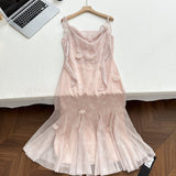 Cute Mermaid Straps Floral Pink Lace Long Summer Dress For Women HZ1121