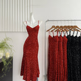 Sexy Mermaid Spaghetti Straps Sequin Birthday Party Dress Summer Holiday Outfits For Women HZ1121