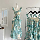 Sexy Mermaid Square Floral Green Summer Dress Holiday Party Outfits For Women HZ1121