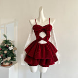 Cute Spaghetti Straps Red Ruffles Velvet Summer Dress 3 Pieces Holiday Party Outfits For Women HZ1121
