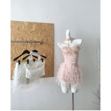 Cute Spaghetti Straps Pink Ruffles Tulle Summer Dress 2 Pieces Holiday Party Outfits For Women HZ1121