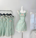 Sexy A line Square Neckline Summer Floral Green Dress Holiday Party Outfits For Women HZ1121