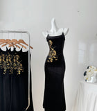 Sexy Mermaid Spaghetti Straps Black Velvet Long Summer Dress For Women HZ1121