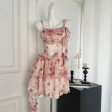 Sweet A Line Straps Pink Floral Summer Short Dresses HZ1121