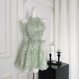 Sweet A Line Halter Green Floral Summer Short Women Summer Holiday Dresses HZ1121
