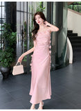 Cute A line Spaghetti Straps Pink Floral Long Satin Summer Dress For Women HZ1121
