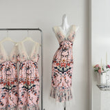 Cute Mermaid V Neckline Floral Pink Lace Long Summer Dress For Women HZ1121