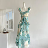Sexy Mermaid Square Floral Green Summer Dress Holiday Party Outfits For Women HZ1121