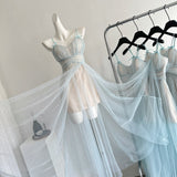 Sexy A Line Spaghetti Straps Blue Tulle Summer Dress Holiday Party Birthday Outfits For Teens HZ1121