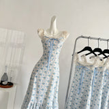 Sexy A line Straps Floral Blue Summer Dress Holiday Party Birthday Outfits For Women HZ1121
