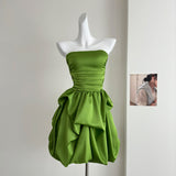 Cute A line Strapless Green Satin Short Summer Dress Holiday Party Birthday Outfits HZ1121